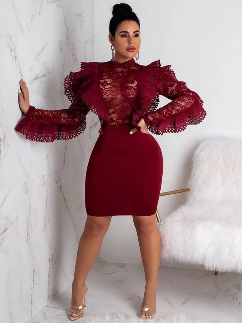 The Sang Burgundy Lace Ruffle Mini Dress